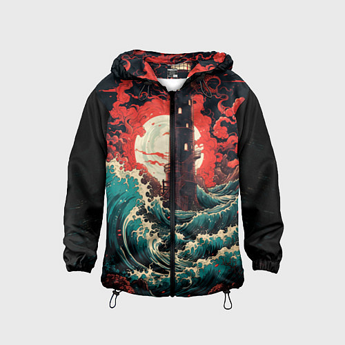 Детская ветровка Маяк и волны в японском стиле / 3D-Черный – фото 1