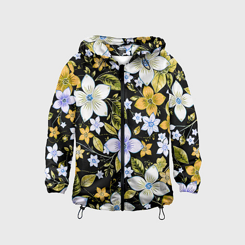 Детская ветровка Жёлто-белые цветы на чёрном фоне / 3D-Черный – фото 1