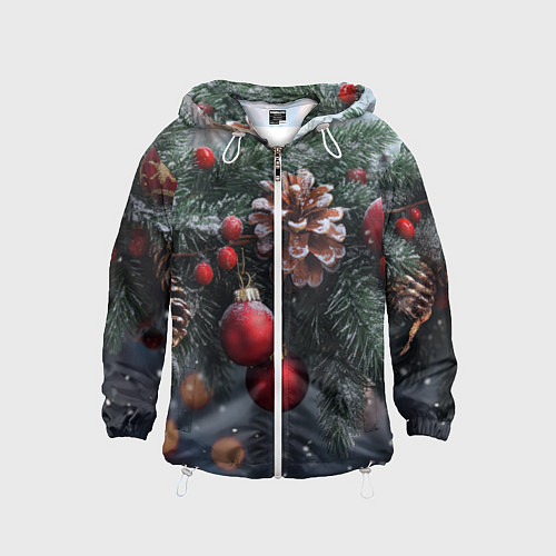 Детская ветровка Красные игрушки на елке и шишки / 3D-Белый – фото 1