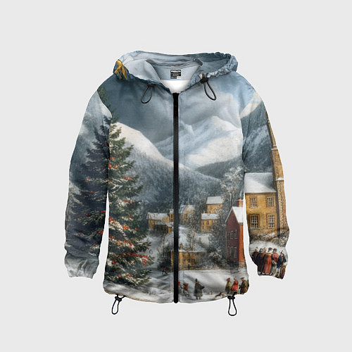 Детская ветровка Новогодняя огромная елка и маленькие домики / 3D-Черный – фото 1