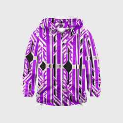 Ветровка с капюшоном детская Бело-фиолетовые техно полосы на чёрном фоне, цвет: 3D-белый