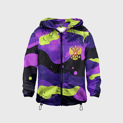 Детская ветровка Черно-фиолетовый камуфляж и золотой герб РФ / 3D-Черный – фото 1