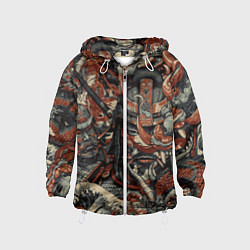 Ветровка с капюшоном детская Драконы и самураи в стиле ирезуми, цвет: 3D-белый