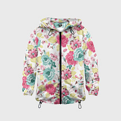Ветровка с капюшоном детская Розы красные и бирюзовые, цвет: 3D-черный