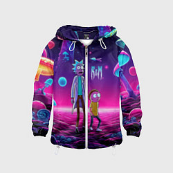Ветровка с капюшоном детская Морти и Рик на планете неоновых сказочных грибов, цвет: 3D-белый