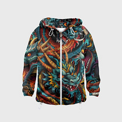 Ветровка с капюшоном детская Татуировка дракона ирезуми, цвет: 3D-белый