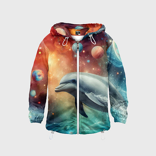 Детская ветровка Галактический дельфин - неоновый космос / 3D-Белый – фото 1