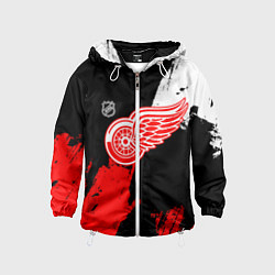 Ветровка с капюшоном детская Детройт Ред Уингз - брызги краска на черном фоне, цвет: 3D-белый