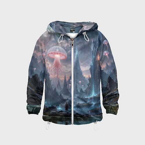 Детская ветровка Фантастический мир с медузами и озеро у гор / 3D-Белый – фото 1