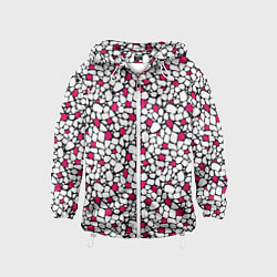 Ветровка с капюшоном детская Мелкий красно белый мозаичный узор на черном, цвет: 3D-белый