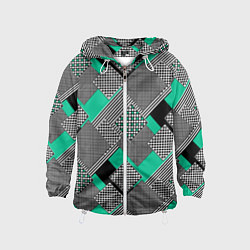 Ветровка с капюшоном детская Черно бирюзовая абстрактная геометрия пэчворк, цвет: 3D-белый