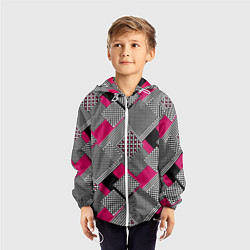 Ветровка с капюшоном детская Красно черная абстрактная геометрия пэчворк, цвет: 3D-белый — фото 2