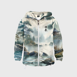 Ветровка с капюшоном детская Японский акварельный пейзаж, цвет: 3D-белый