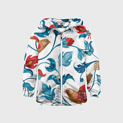 Ветровка с капюшоном детская Цветы и птицы - паттерн, цвет: 3D-белый