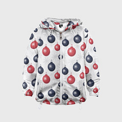 Ветровка с капюшоном детская Синие и красные новогодние шары со снежинками, цвет: 3D-белый