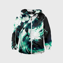 Ветровка с капюшоном детская Чёрно-зелёный абстракция волна, цвет: 3D-белый