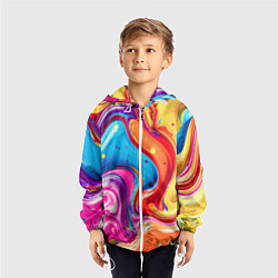 Ветровка с капюшоном детская Смесь красно-жёлто-голубых масляных красок абстрак, цвет: 3D-белый — фото 2