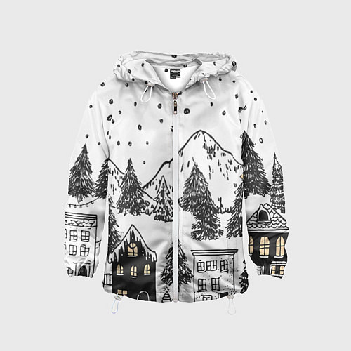Детская ветровка Заснеженный черно-белый город / 3D-Белый – фото 1