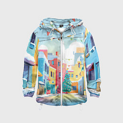 Ветровка с капюшоном детская Разноцветный новогодний дворик, цвет: 3D-белый