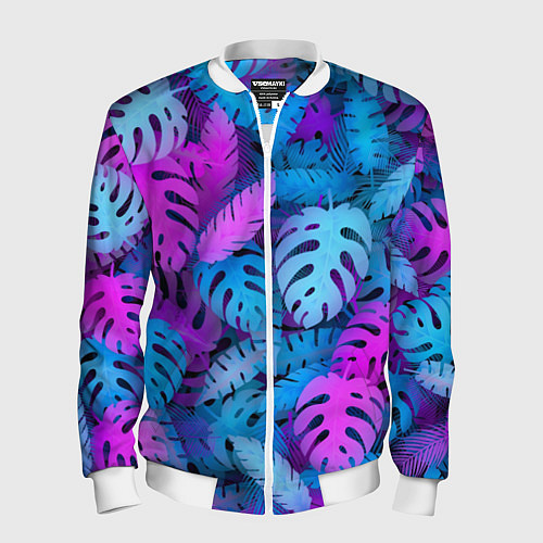 Мужской бомбер Сине-розовые тропики / 3D-Белый – фото 1