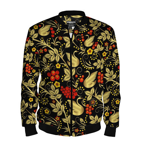 Мужской бомбер Хохлома золотые лебеди / 3D-Черный – фото 1