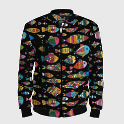 Мужской бомбер Разноцветные рыбы - черный фон