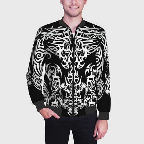 Мужской бомбер ТАТУ ЧЕРНО БЕЛОЕ УЗОР / 3D-Черный – фото 3