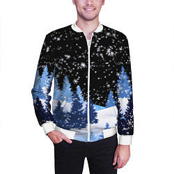 Бомбер мужской Снежная ночь в зимнем лесу, цвет: 3D-белый — фото 2