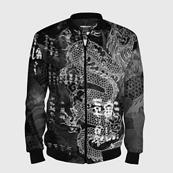 Бомбер мужской Dragon Fire Иероглифы Японский Дракон, цвет: 3D-черный