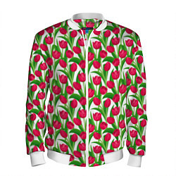 Бомбер мужской Весенние Тюльпаны, цвет: 3D-белый