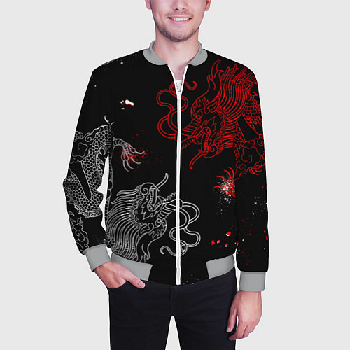 Мужской бомбер Китайский дракон Красно - Белый / 3D-Меланж – фото 3