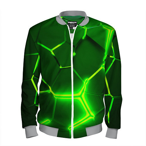 Мужской бомбер 3D ПЛИТЫ НЕОН NEON GREEN HEXAGON РАЗЛОМ / 3D-Меланж – фото 1