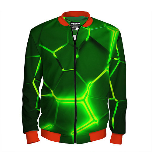 Мужской бомбер 3D ПЛИТЫ НЕОН NEON GREEN HEXAGON РАЗЛОМ / 3D-Красный – фото 1