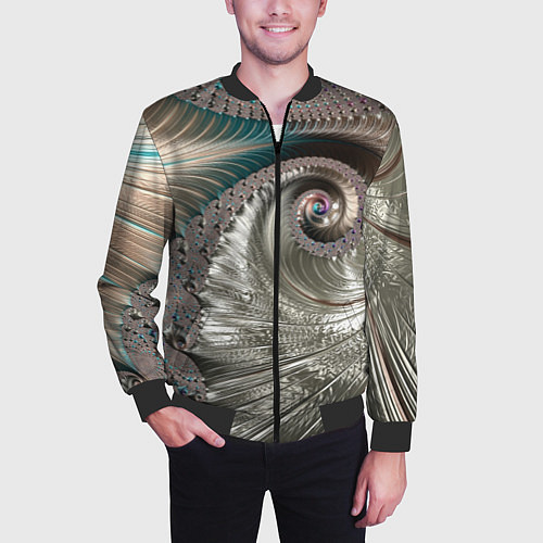 Мужской бомбер Fractal pattern Spiral Серебристый фрактал спираль / 3D-Черный – фото 3