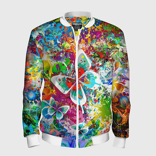 Мужской бомбер Яркое безумие Бабочки, кляксы, граффити / 3D-Белый – фото 1