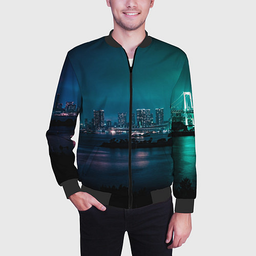 Мужской бомбер Неоновый город с рекой - Светло-зелёный / 3D-Черный – фото 3