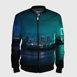 Бомбер мужской Неоновый город с рекой - Светло-зелёный, цвет: 3D-черный