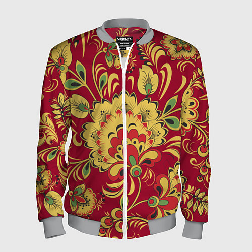 Мужской бомбер Хохломская Роспись Цветы На красном Фоне / 3D-Меланж – фото 1
