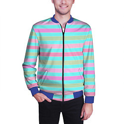 Бомбер мужской Pink turquoise stripes horizontal Полосатый узор, цвет: 3D-синий — фото 2