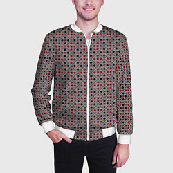 Бомбер мужской Красный, черный квадраты на гранжевом сером, цвет: 3D-белый — фото 2