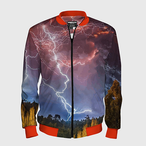 Мужской бомбер Грозовые разряды молний над лесом / 3D-Красный – фото 1