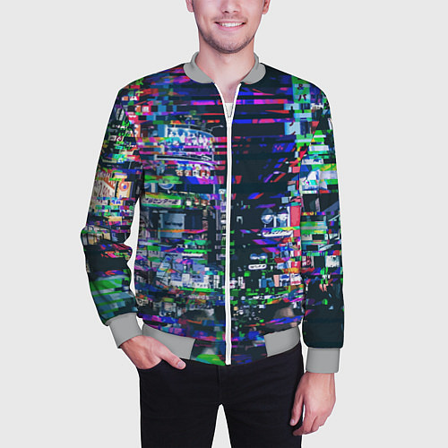 Мужской бомбер Ночной город - glitch / 3D-Меланж – фото 3