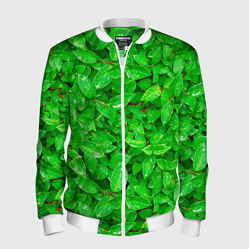 Мужской бомбер Зелёные листья - текстура / 3D-Белый – фото 1