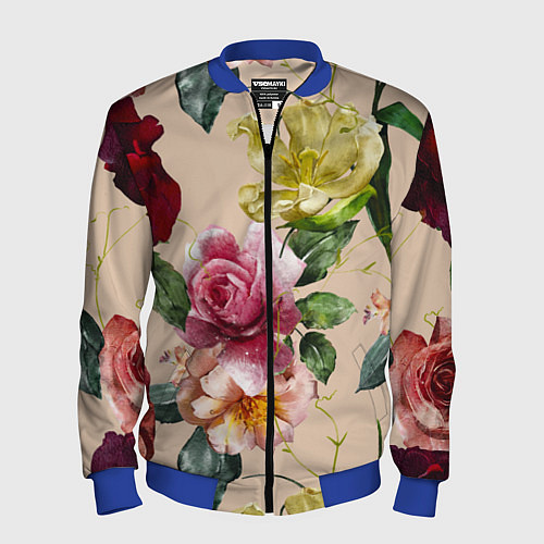 Мужской бомбер Цветы Нарисованные Красные Розы и Лилии / 3D-Синий – фото 1
