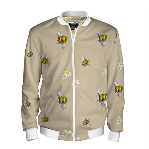 Мужской бомбер Цветы Ромашки и Пчёлы / 3D-Белый – фото 1