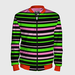 Мужской бомбер Полосаты узор в зелено-розовых оттенках на черном