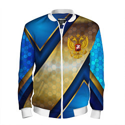 Бомбер мужской Золотой герб России на синем объемном фоне, цвет: 3D-белый