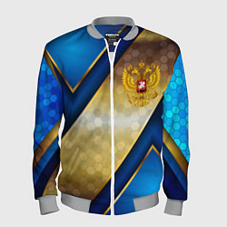 Мужской бомбер Золотой герб России на синем объемном фоне