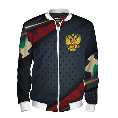 Мужской бомбер Герб России черно-красный камуфляж / 3D-Белый – фото 1