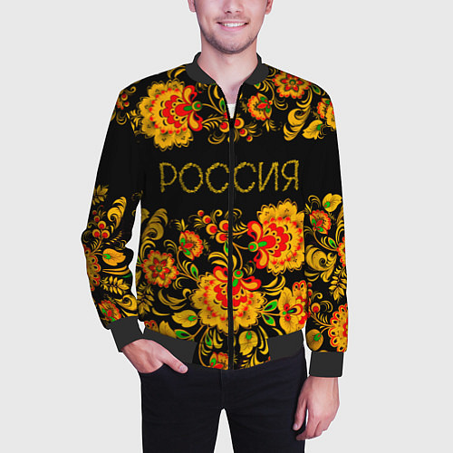 Мужской бомбер РОССИЯ роспись хохлома / 3D-Черный – фото 3